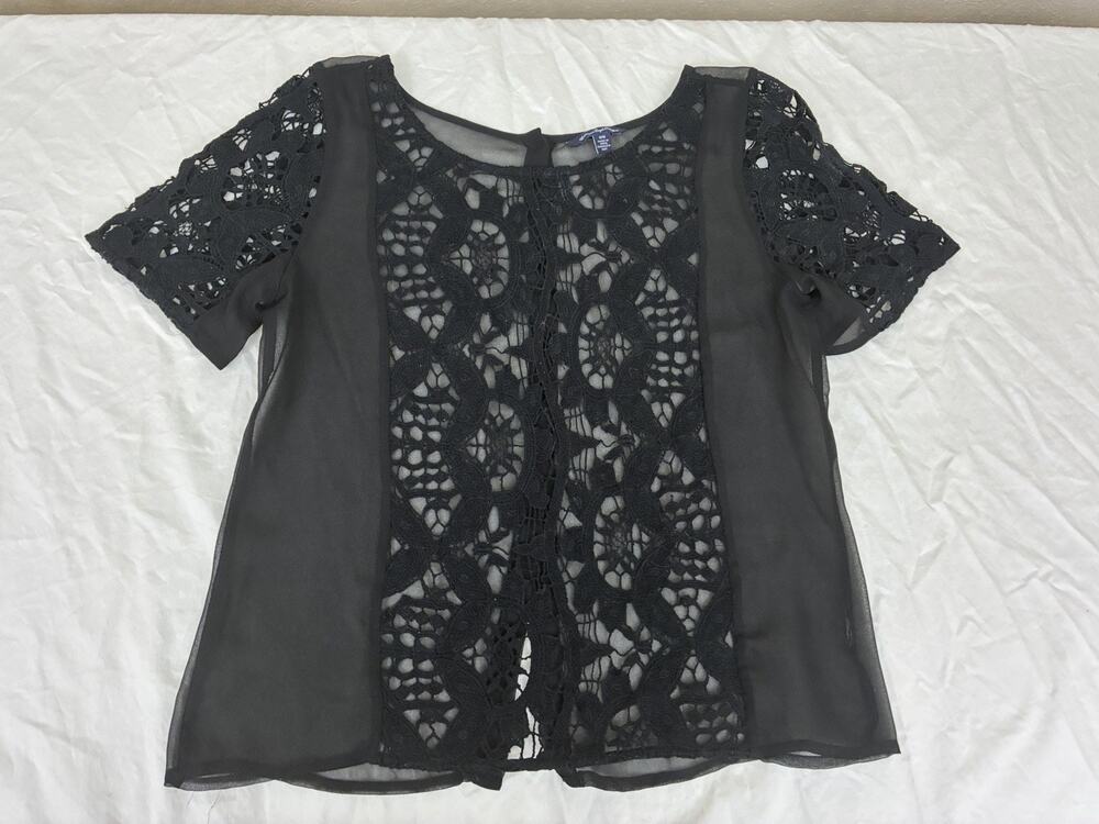 American Eagle Shirt Womens Medium Black Crochet Sheer Button Back Boho Top
